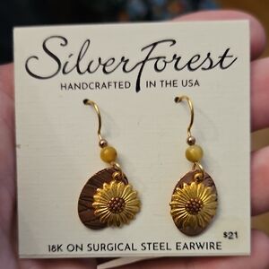 Silver Forest Gold and Copper Sunflower Drop Earrings with Yellow Bead